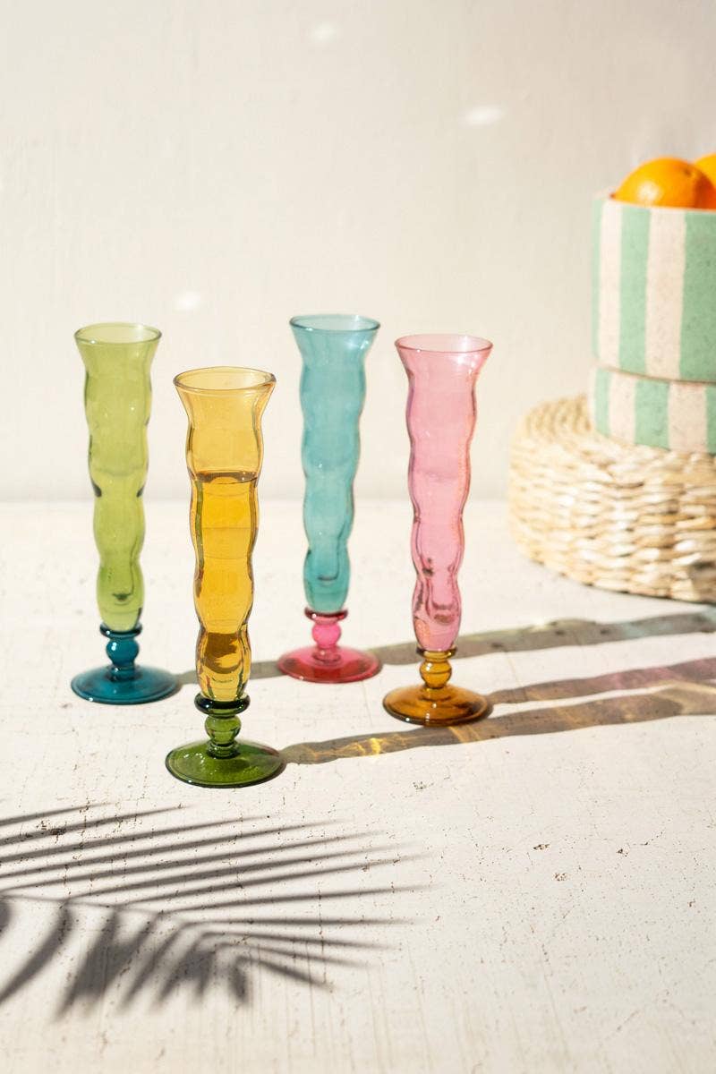 SET OF FOUR WAVY TRUMPET CHAMPAGNE GLASSES - ONE EACH COLOR