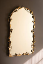 TALL ARCHED ANTIQUE BRASS FRAMED MIRROR WITH LEAVES