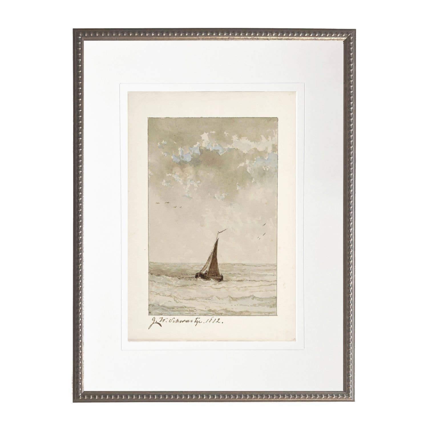 Vintage watercolor sailboat scene D matted