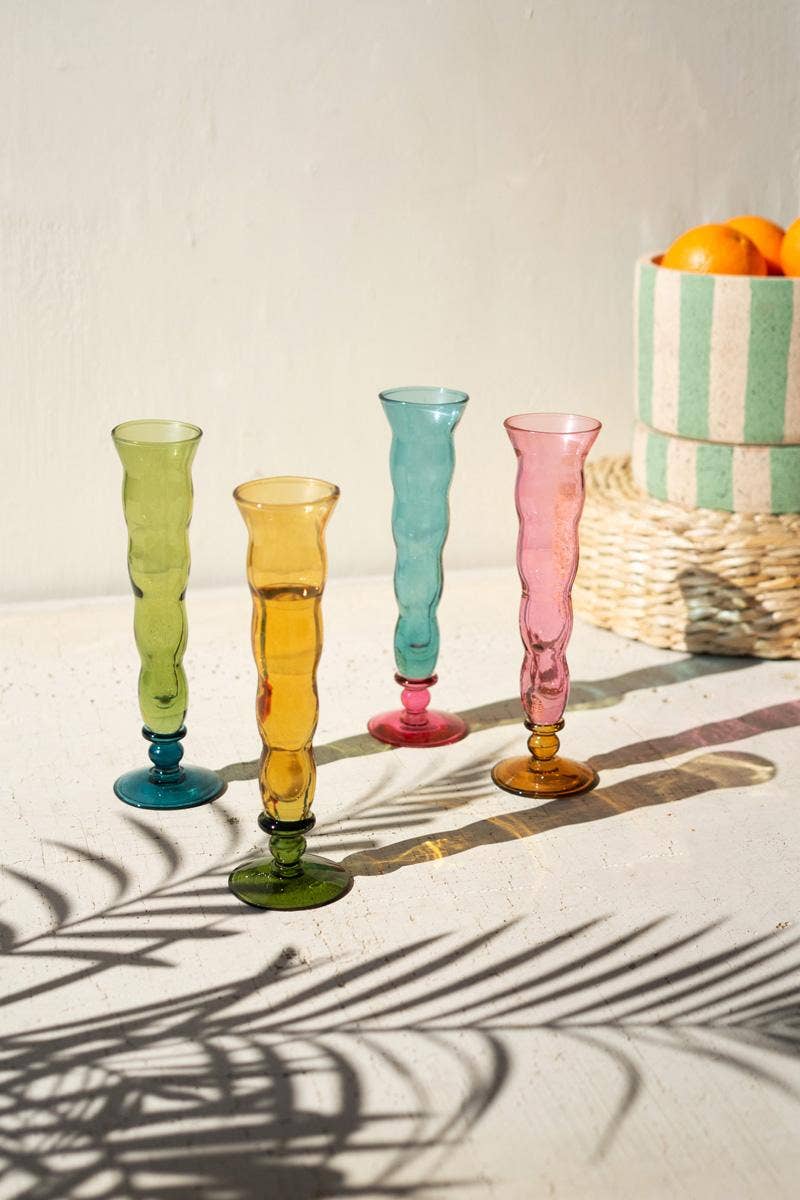 SET OF FOUR WAVY TRUMPET CHAMPAGNE GLASSES - ONE EACH COLOR