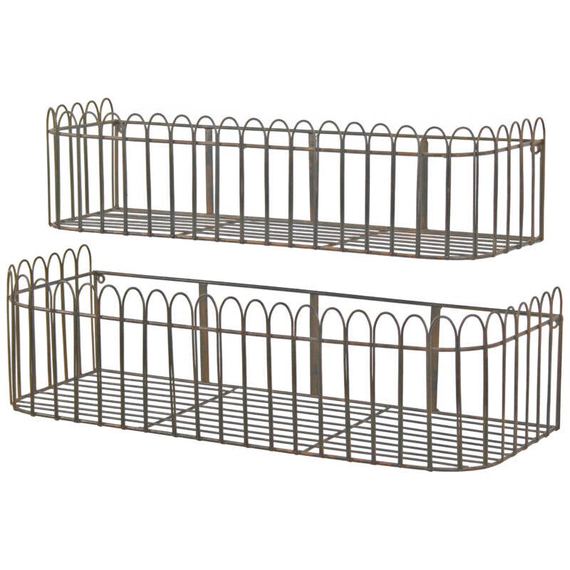 Set of Two Rustic Arched Wire Metal Wall Basket Shelves