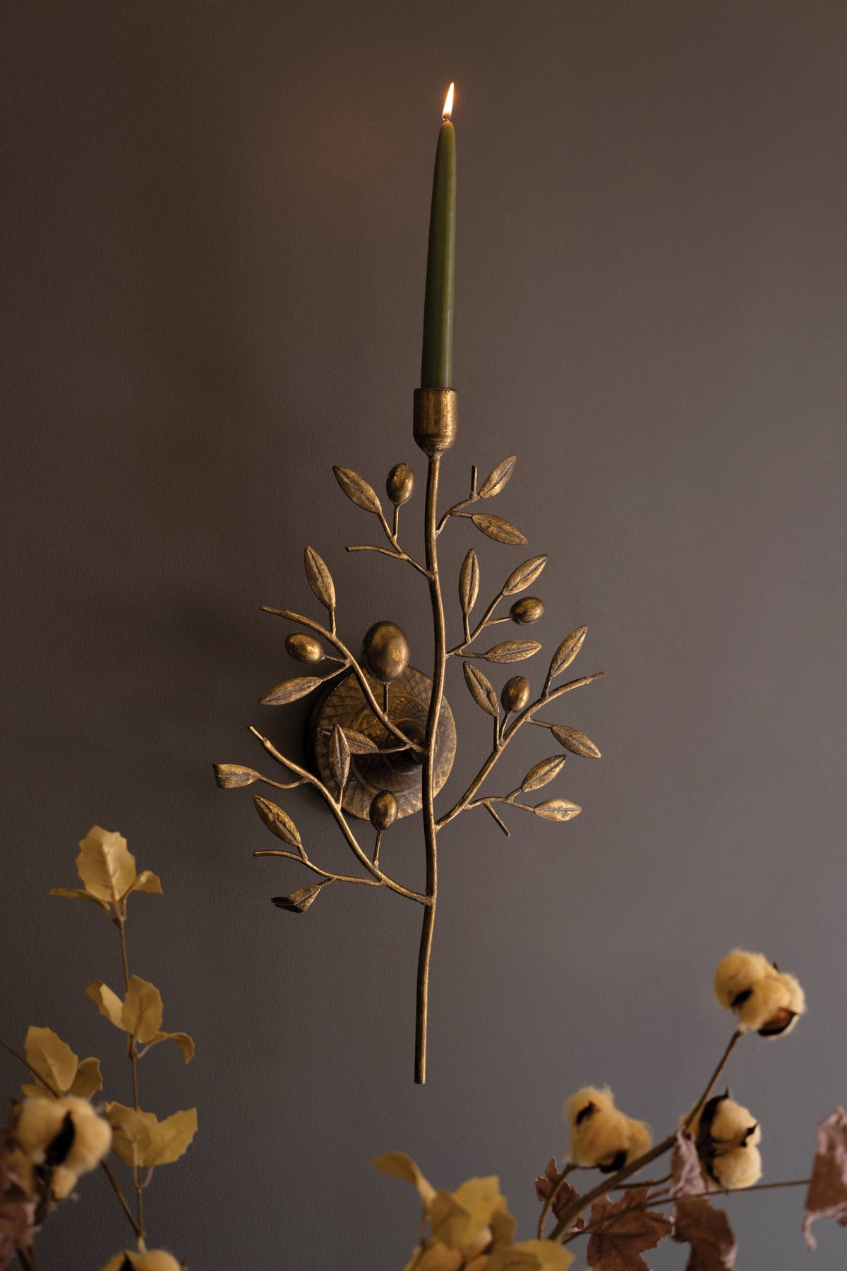 ANTIQUE BRASS FRUIT TREE TAPER WALL SCONCE
