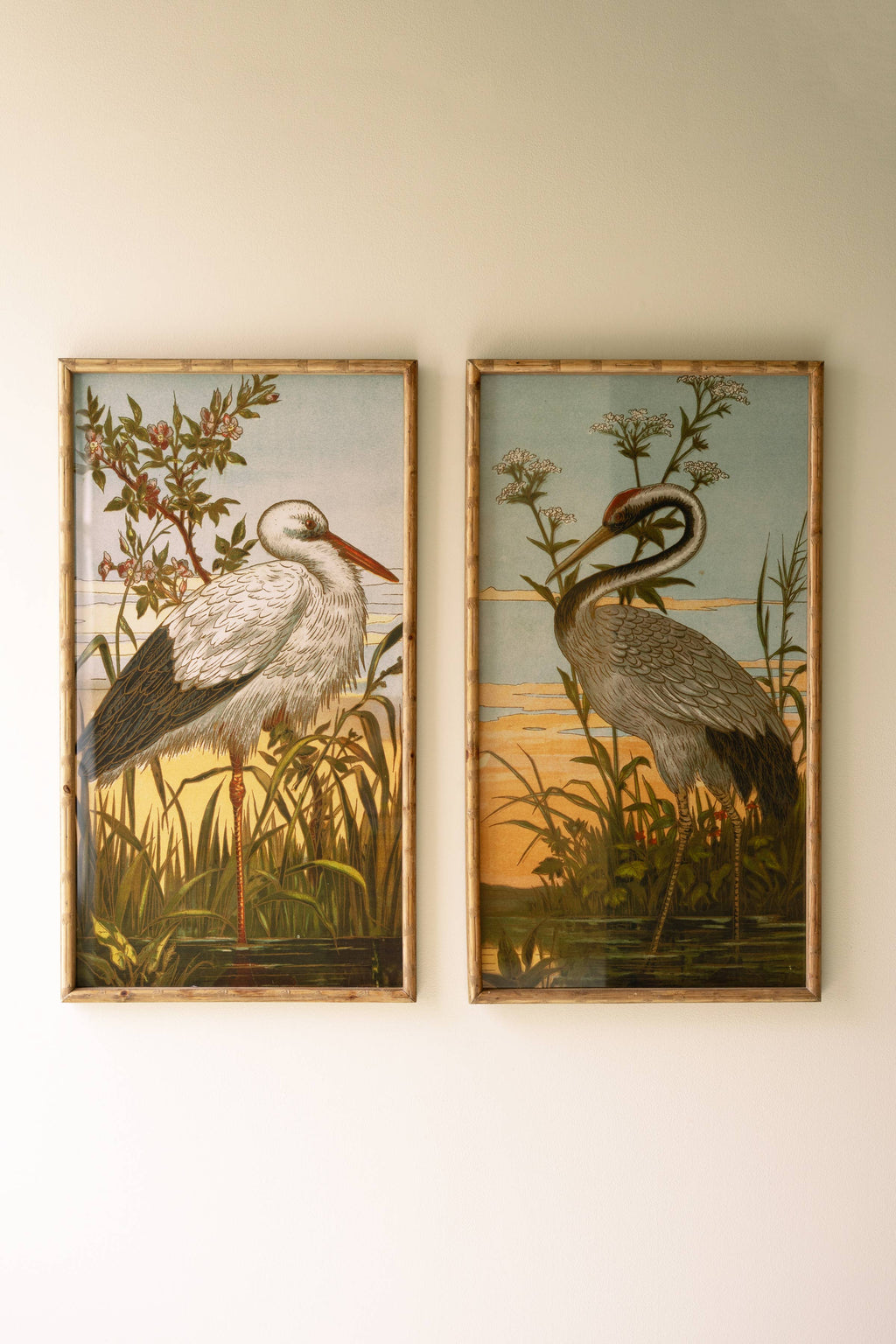 SET OF TWO FRAMED HERON PRINTS UNDER GLASS