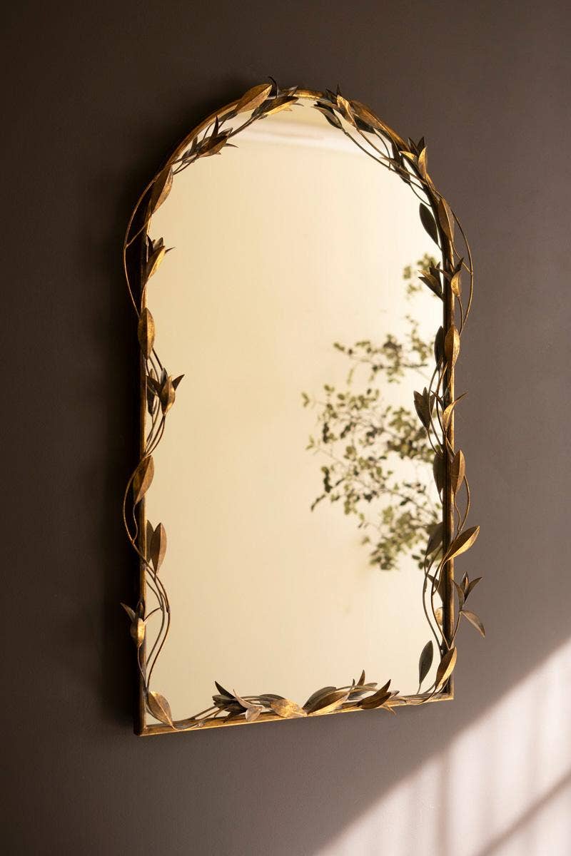 TALL ARCHED ANTIQUE BRASS FRAMED MIRROR WITH LEAVES