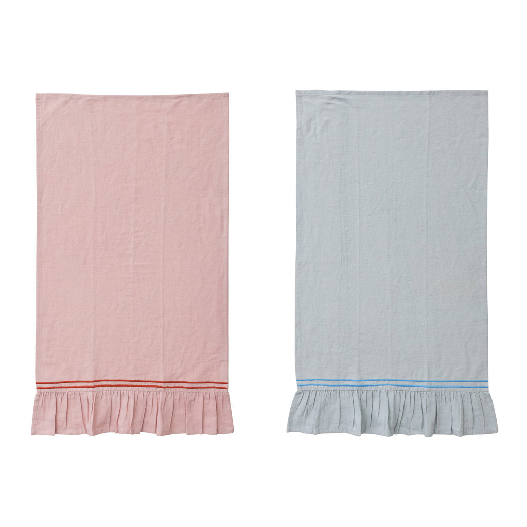 Gather Cotton Linen Embroidered Ruffle Tea Towels 28 x 18 2 Colors