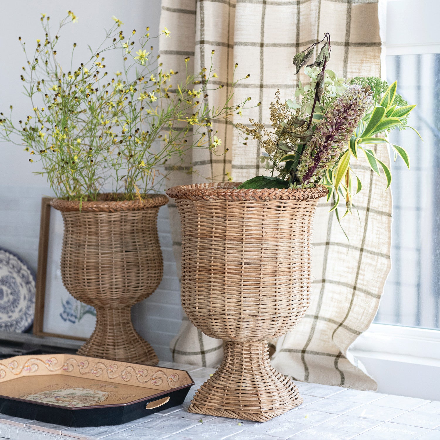 Woven Rattan Urns 13.5 x 18.5 Natural Set of 2